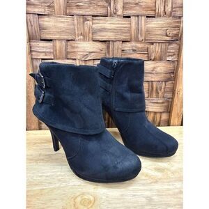 Women’s Black Suede Fold-Over Ankle Booties with Buckle Accent
